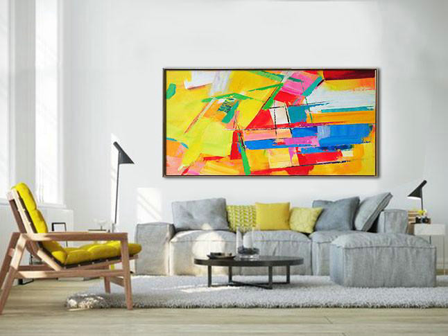 Large Modern Abstract Painting,Horizontal Palette Knife Contemporary Art Panoramic Canvas Painting,Acrylic Minimailist Painting,Yellow,Red,White,Blue.etc